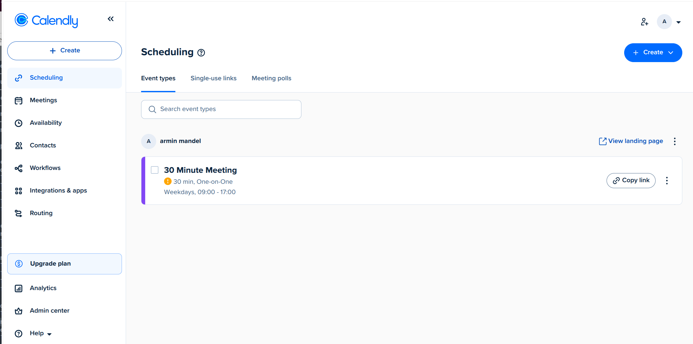 Calendly scheduling dashboard showing event types