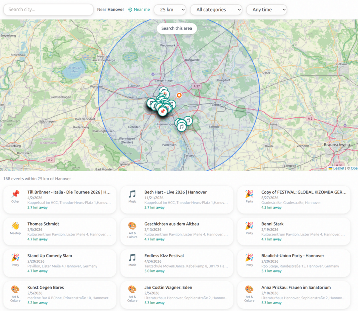 Explore page showing events on a map with category filters